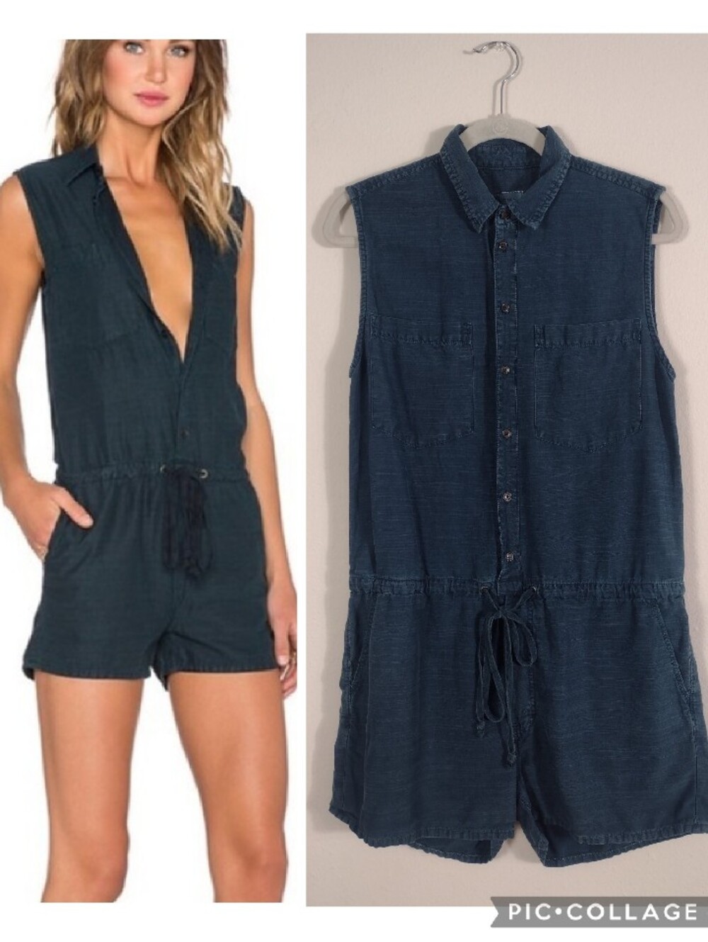 Mother Linen Blend Button Front Sleeveless Romper Casual Friday Teal Large
